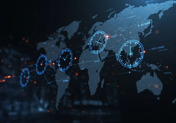 Global team dashboard with multiple digital clocks.
