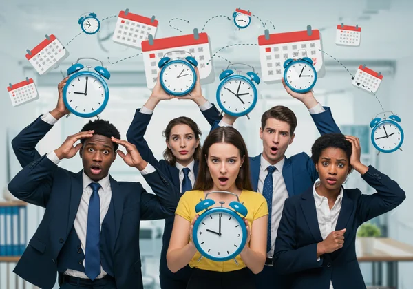 Confused business people with overlapping time zones.