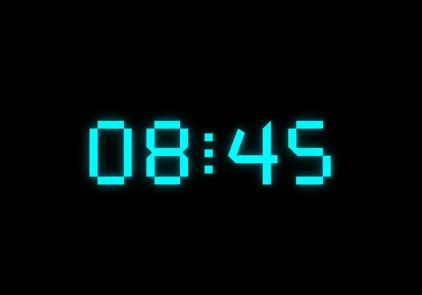 Retro sci-fi digital clock with glowing cyan text on black