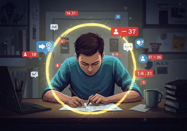 Person focused on work, resisting digital distractions.