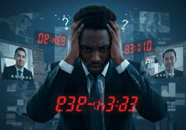 Project manager stressed by misaligned global team clocks