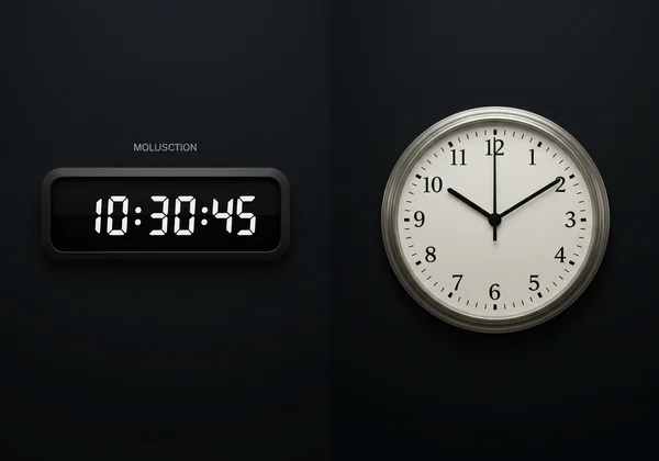 Split screen showing digital and analog clock display