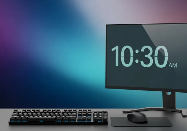 Modern desktop with personalized aesthetic digital clock.