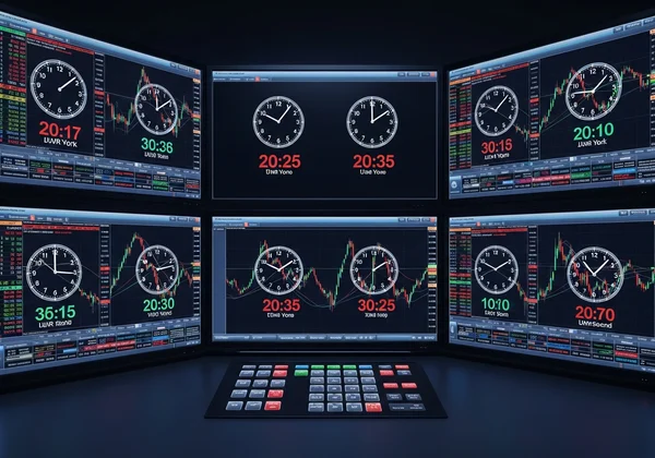 Global clocks displayed on a financial trading screen