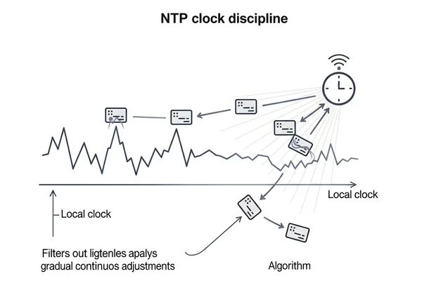 Graph illustrating NTP clock drift correction methods