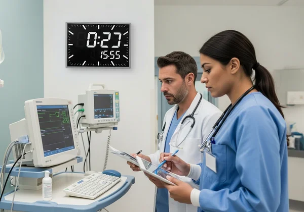 Critical care team recording precise medical timings