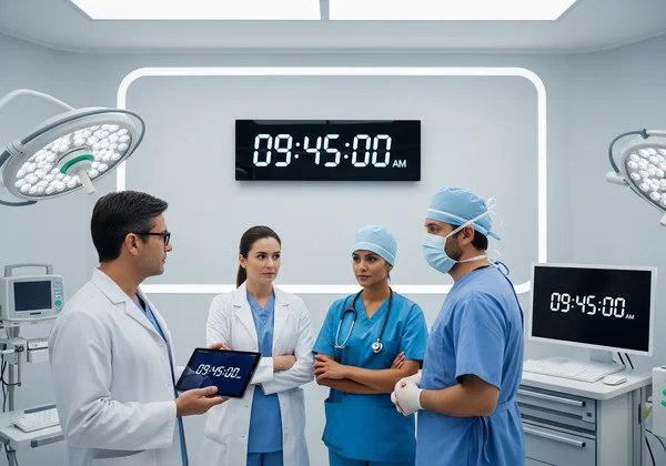 Healthcare team checking synchronized digital clocks