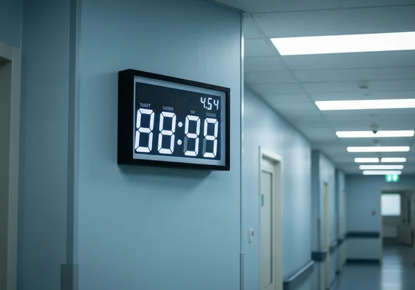 Synchronized digital clock in hospital hallway