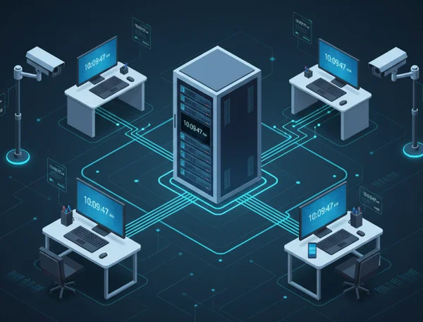 Digital clocks syncing across an enterprise network