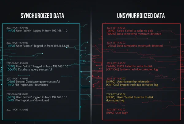 Server logs with conflicting timestamps and errors