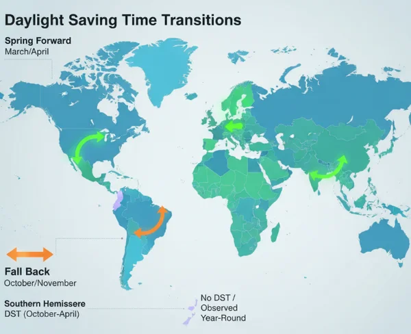 World map showing different time zones and DST